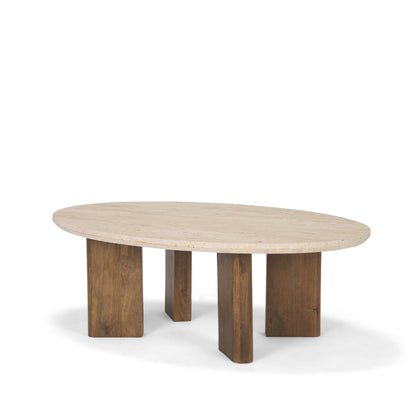 30" Beige and Brown Stone and Solid Wood Oval Coffee Table HomeRoots