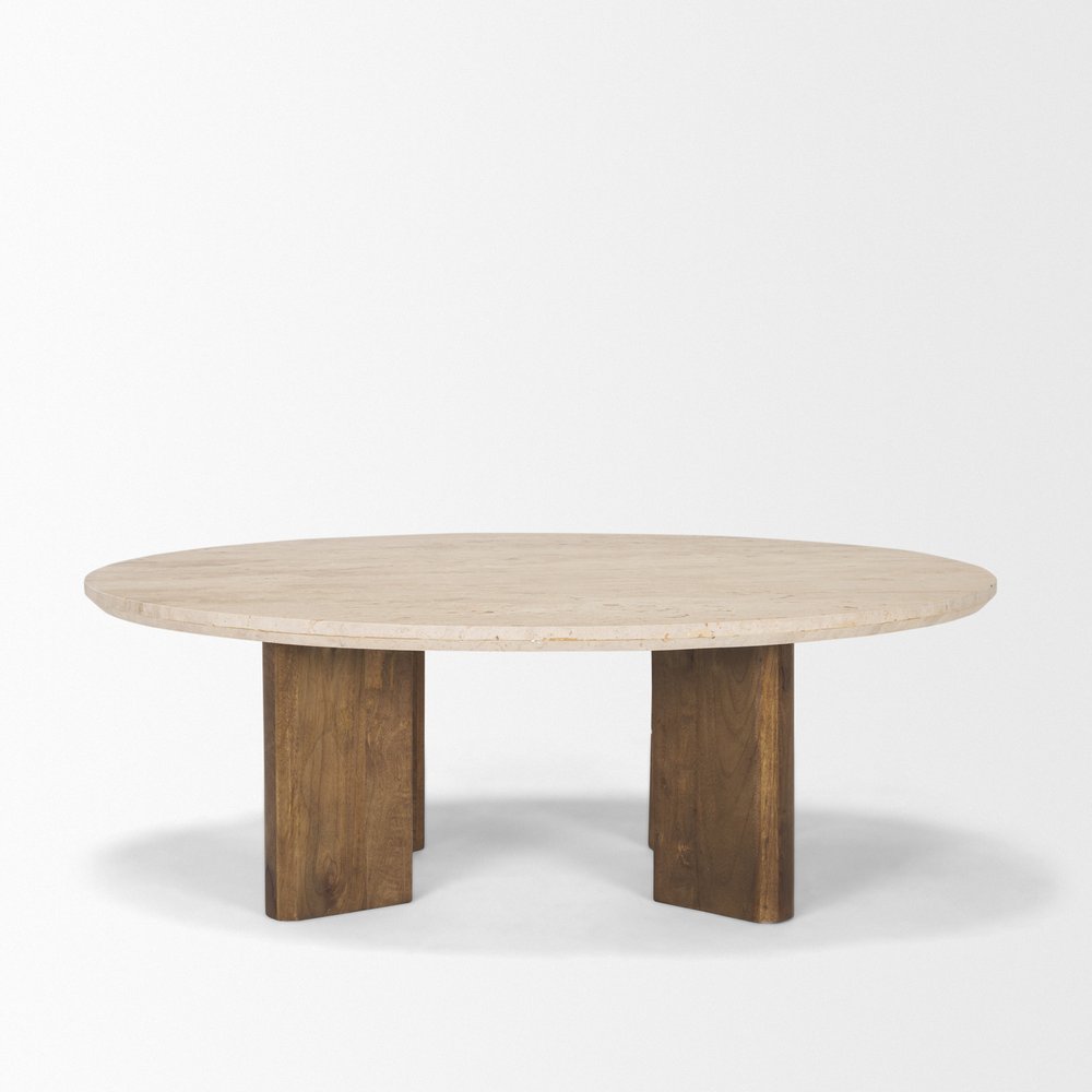 30" Beige and Brown Stone and Solid Wood Oval Coffee Table HomeRoots