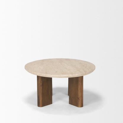 30" Beige and Brown Stone and Solid Wood Oval Coffee Table