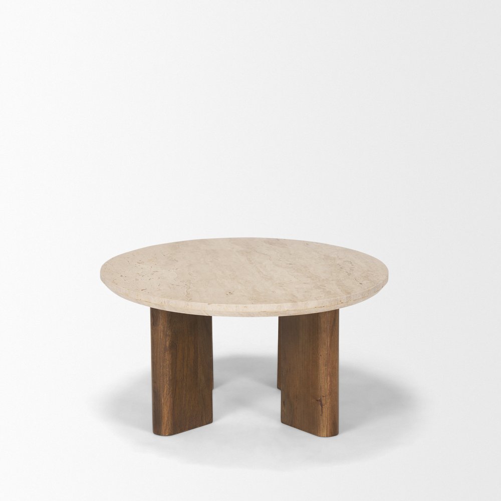 30" Beige and Brown Stone and Solid Wood Oval Coffee Table HomeRoots