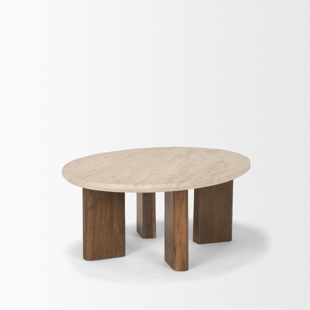 30" Beige and Brown Stone and Solid Wood Oval Coffee Table — view 4