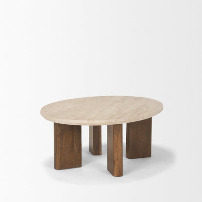 30" Beige and Brown Stone and Solid Wood Oval Coffee Table HomeRoots