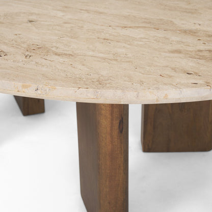 30" Beige and Brown Stone and Solid Wood Oval Coffee Table HomeRoots