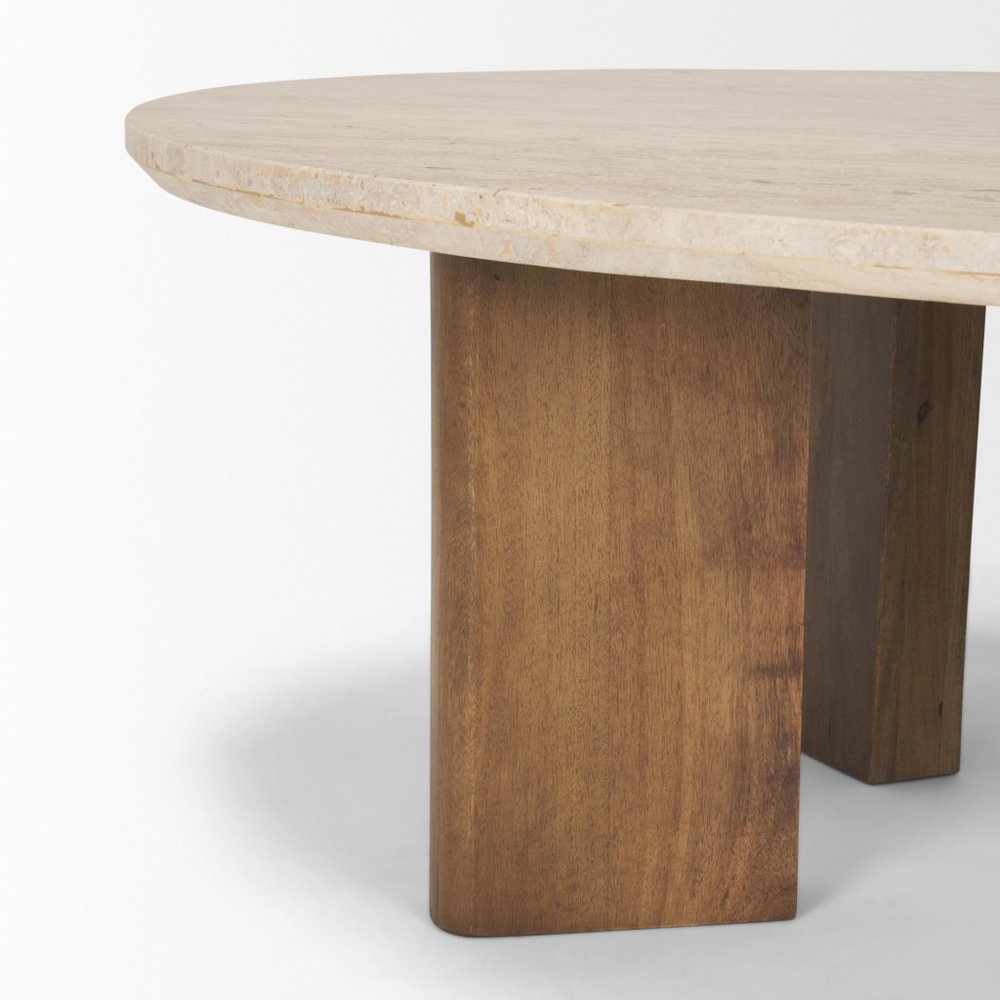 30" Beige and Brown Stone and Solid Wood Oval Coffee Table — view 7