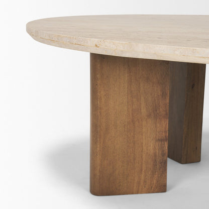 30" Beige and Brown Stone and Solid Wood Oval Coffee Table HomeRoots