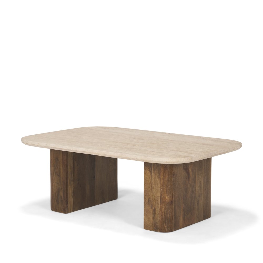 30" Beige and Brown Stone and Solid Wood Double Pedestal Coffee Table HomeRoots