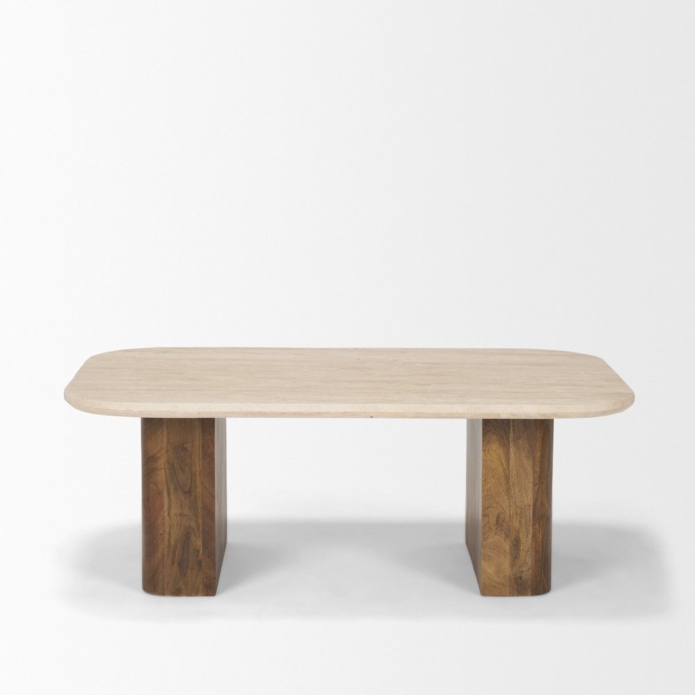 30" Beige and Brown Stone and Solid Wood Double Pedestal Coffee Table — view 2