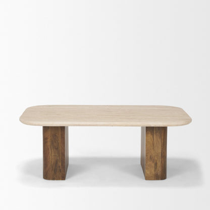 30" Beige and Brown Stone and Solid Wood Double Pedestal Coffee Table