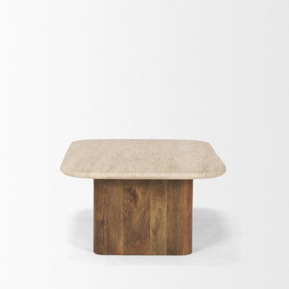 30" Beige and Brown Stone and Solid Wood Double Pedestal Coffee Table HomeRoots