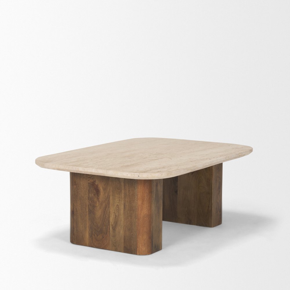 30" Beige and Brown Stone and Solid Wood Double Pedestal Coffee Table — view 4