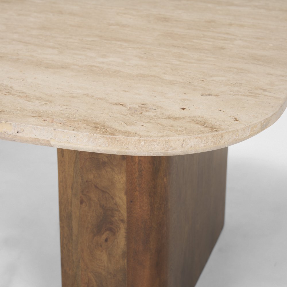 30" Beige and Brown Stone and Solid Wood Double Pedestal Coffee Table HomeRoots