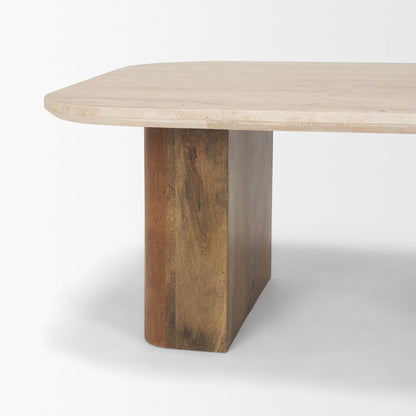 30" Beige and Brown Stone and Solid Wood Double Pedestal Coffee Table HomeRoots