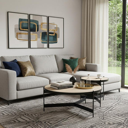 Set Of Two Beige and Black Stone and Iron Round Nested Coffee Tables
