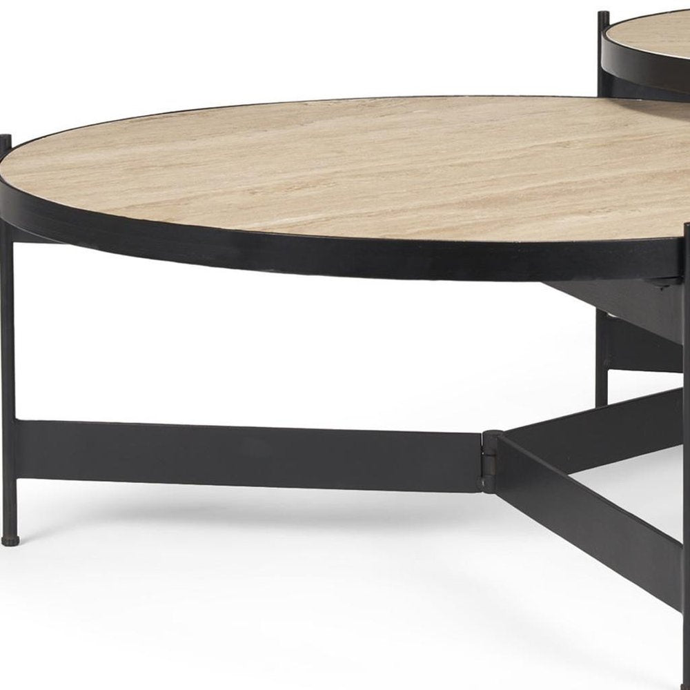 Set Of Two Beige and Black Stone and Iron Round Nested Coffee Tables — view 8