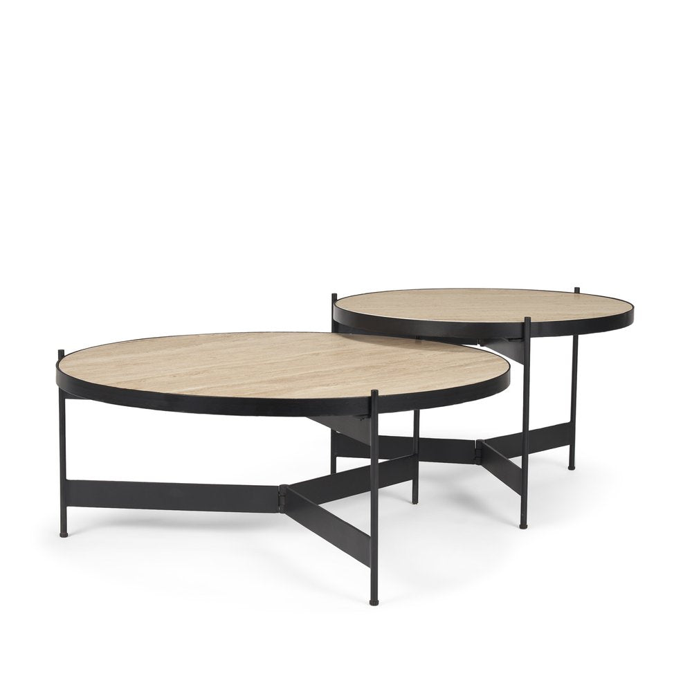 Set Of Two Beige and Black Stone and Iron Round Nested Coffee Tables — view 1