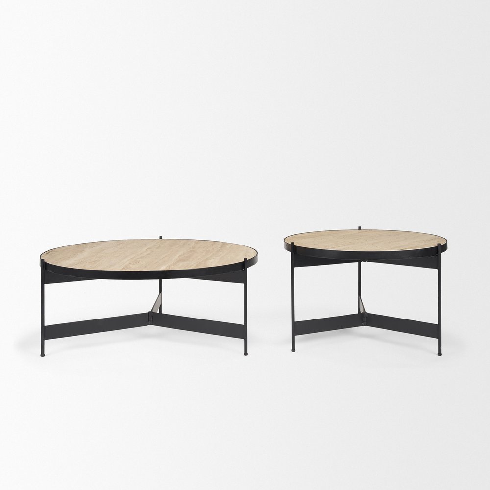 Set Of Two Beige and Black Stone and Iron Round Nested Coffee Tables — view 2