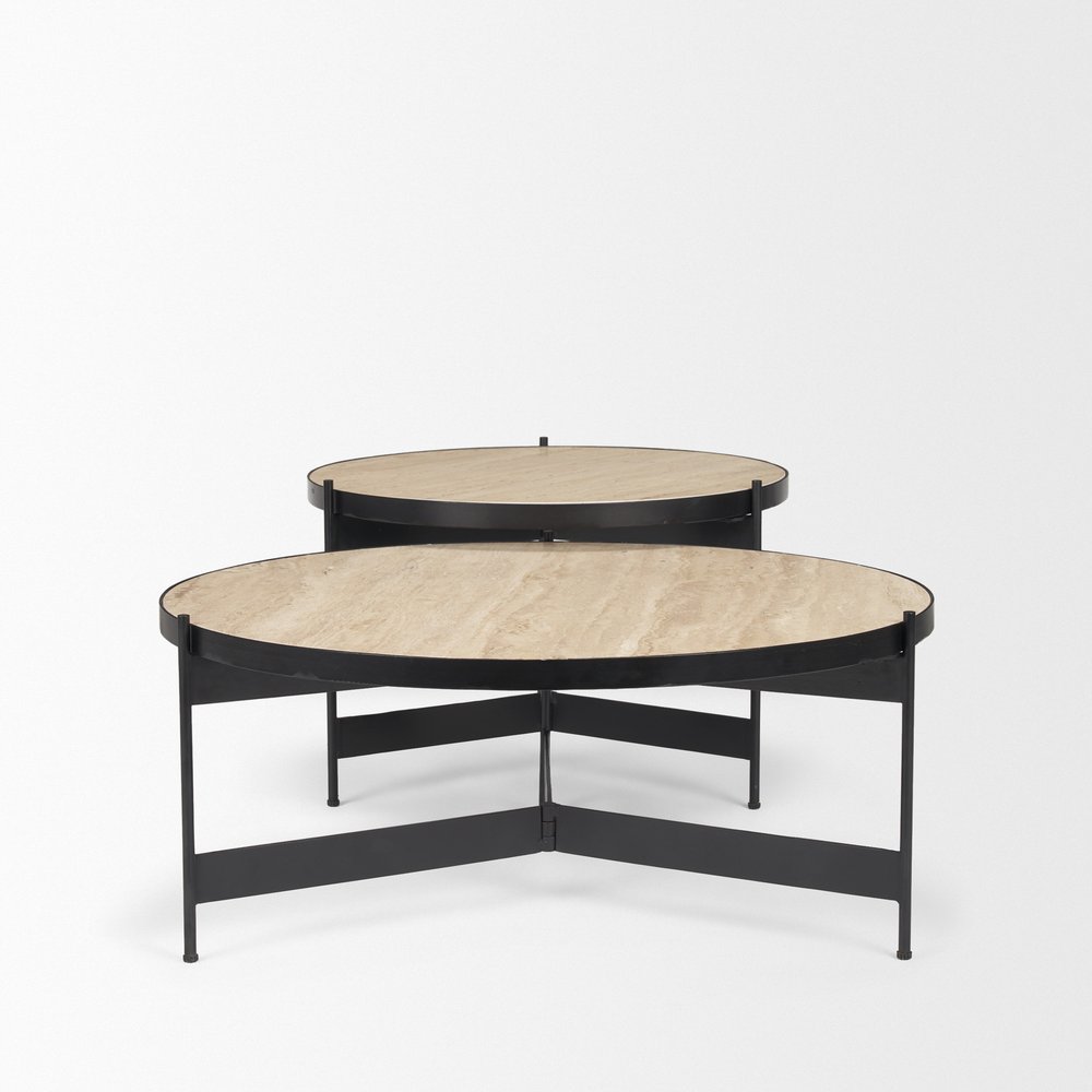 Set Of Two Beige and Black Stone and Iron Round Nested Coffee Tables
