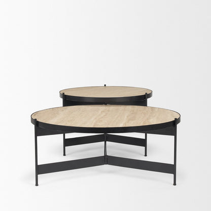 Set Of Two Beige and Black Stone and Iron Round Nested Coffee Tables