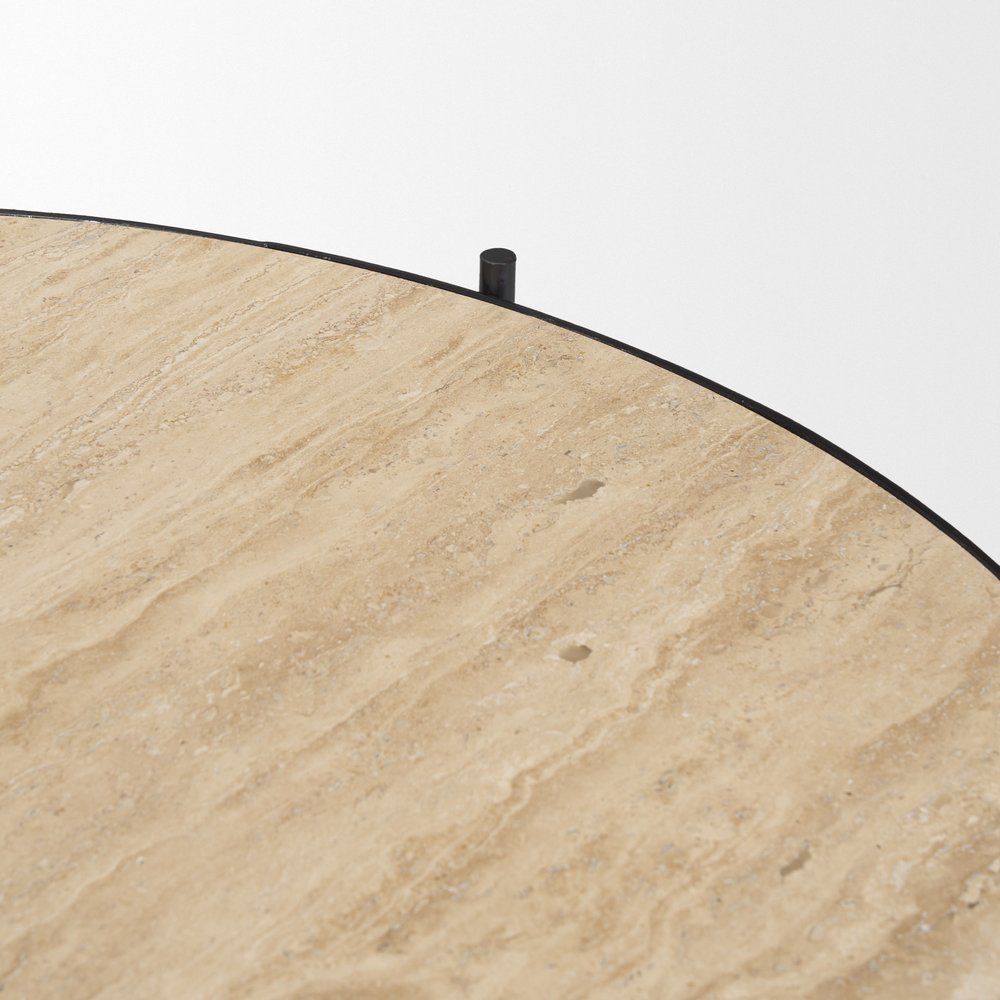 Set Of Two Beige and Black Stone and Iron Round Nested Coffee Tables — view 6