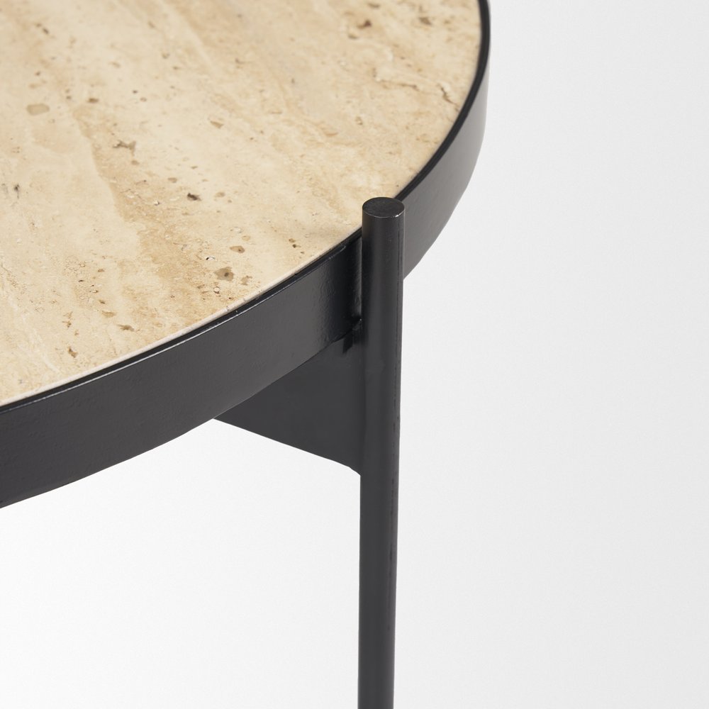 Set Of Two Beige and Black Stone and Iron Round Nested Coffee Tables — view 6
