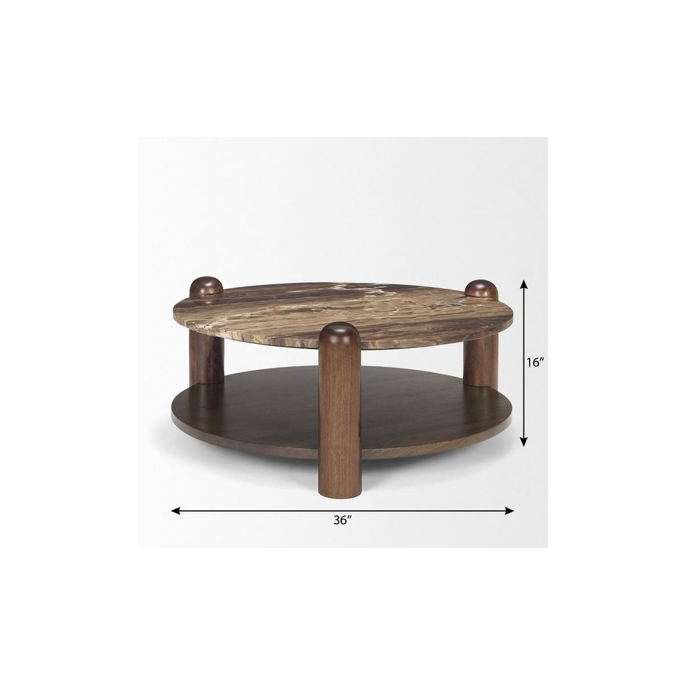 36" Cream Espresso Latte and Dark Brown Genuine Marble and Solid Wood Round Coffee Table