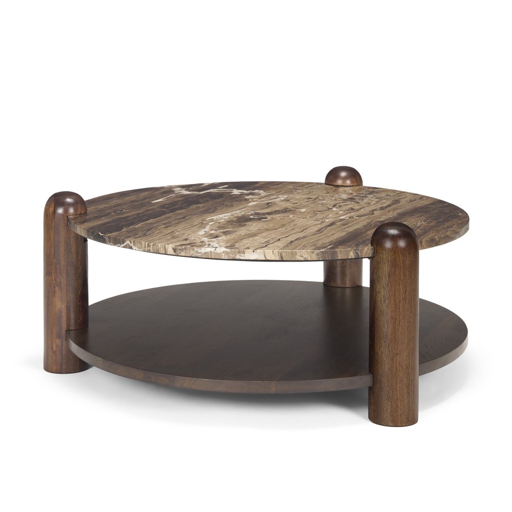 36" Cream Espresso Latte and Dark Brown Genuine Marble and Solid Wood Round Coffee Table — view 1