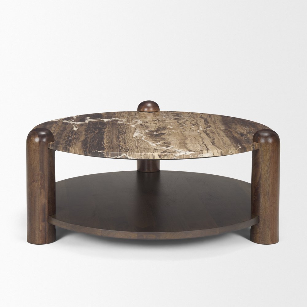 36" Cream Espresso Latte and Dark Brown Genuine Marble and Solid Wood Round Coffee Table — view 5