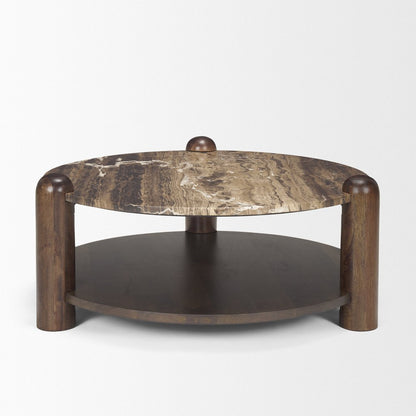 36" Cream Espresso Latte and Dark Brown Genuine Marble and Solid Wood Round Coffee Table HomeRoots