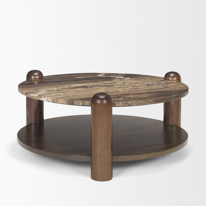 36" Cream Espresso Latte and Dark Brown Genuine Marble and Solid Wood Round Coffee Table HomeRoots