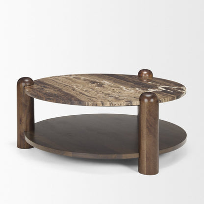 36" Cream Espresso Latte and Dark Brown Genuine Marble and Solid Wood Round Coffee Table HomeRoots