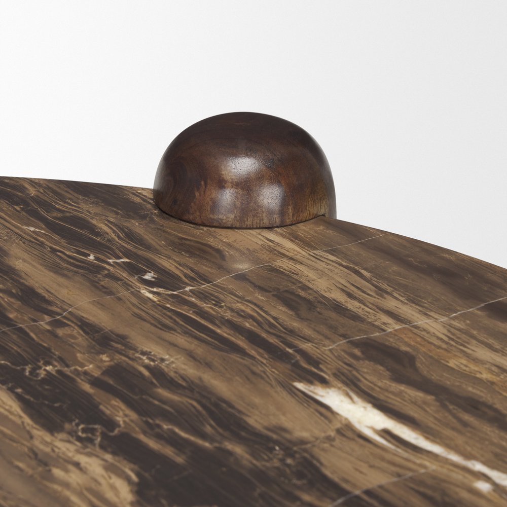 36" Cream Espresso Latte and Dark Brown Genuine Marble and Solid Wood Round Coffee Table