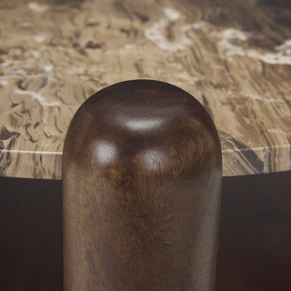36" Cream Espresso Latte and Dark Brown Genuine Marble and Solid Wood Round Coffee Table
