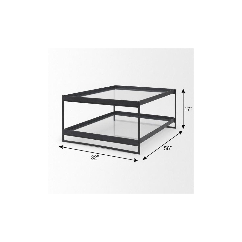 32" Clear and Black Mirrored Glass and Iron Sled Coffee Table With Two Shelves — view 10