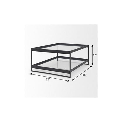 32" Clear and Black Mirrored Glass and Iron Sled Coffee Table With Two Shelves HomeRoots