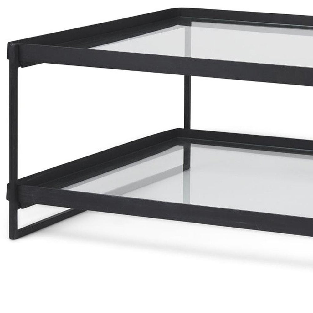 32" Clear and Black Mirrored Glass and Iron Sled Coffee Table With Two Shelves HomeRoots
