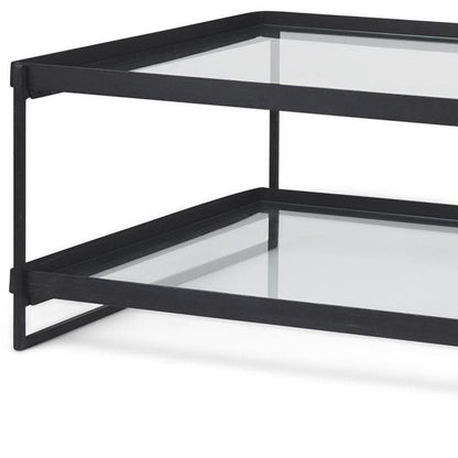 32" Clear and Black Mirrored Glass and Iron Sled Coffee Table With Two Shelves HomeRoots