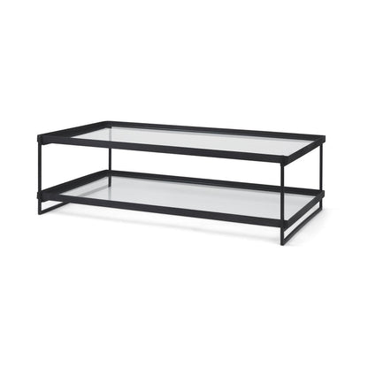 32" Clear and Black Mirrored Glass and Iron Sled Coffee Table With Two Shelves