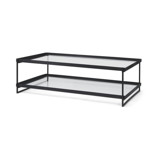 32" Clear and Black Mirrored Glass and Iron Sled Coffee Table With Two Shelves