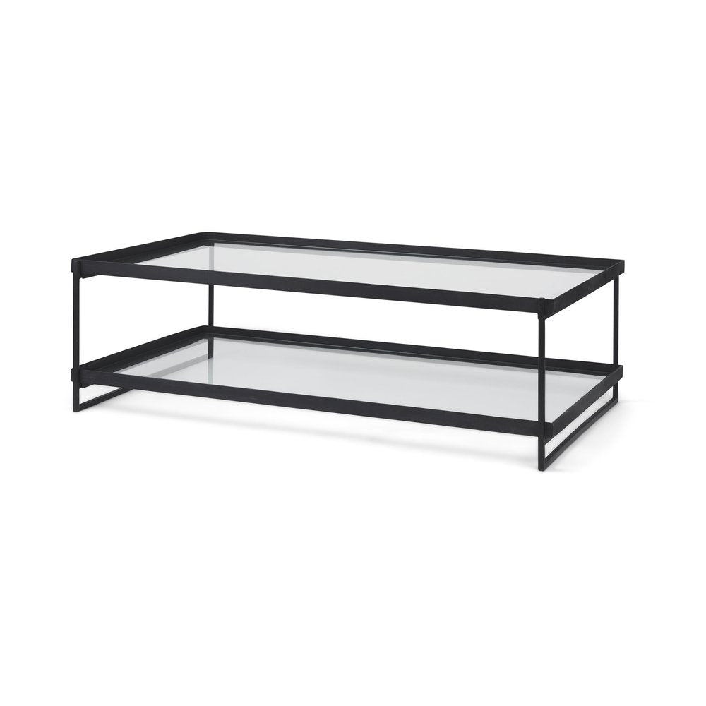 32" Clear and Black Mirrored Glass and Iron Sled Coffee Table With Two Shelves HomeRoots