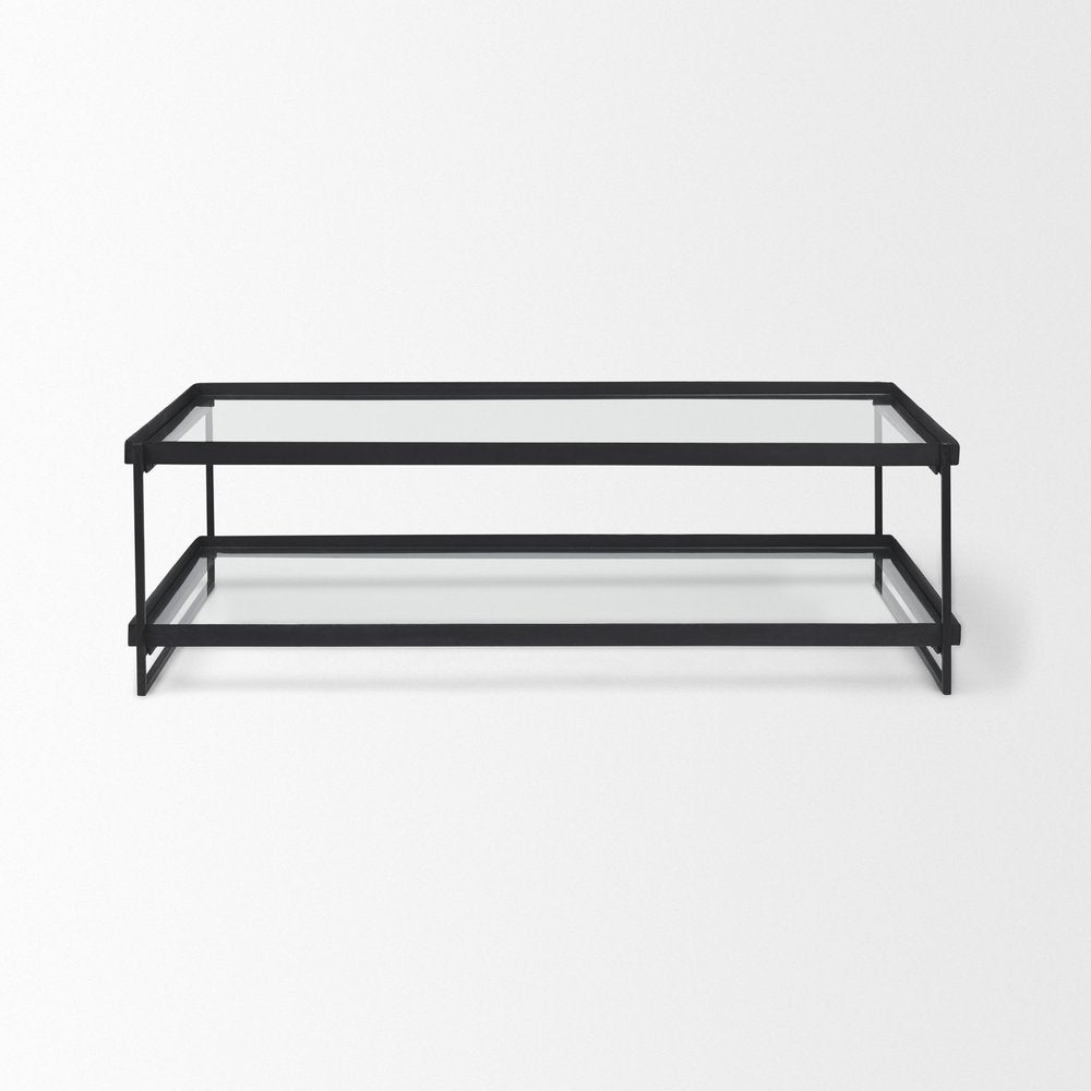 32" Clear and Black Mirrored Glass and Iron Sled Coffee Table With Two Shelves — view 2