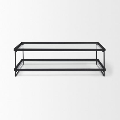 32" Clear and Black Mirrored Glass and Iron Sled Coffee Table With Two Shelves HomeRoots