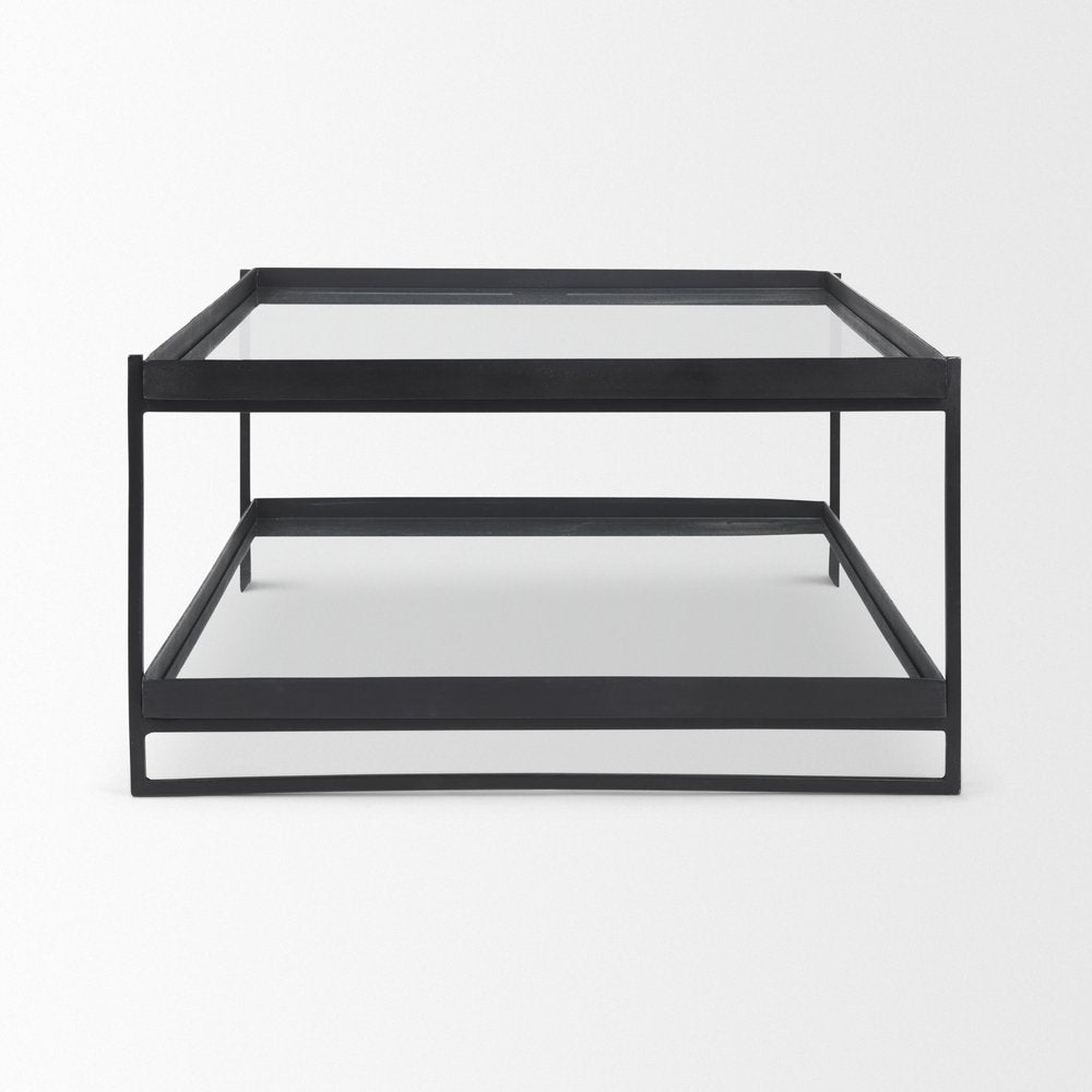 32" Clear and Black Mirrored Glass and Iron Sled Coffee Table With Two Shelves — view 3