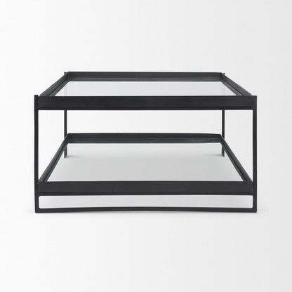 32" Clear and Black Mirrored Glass and Iron Sled Coffee Table With Two Shelves