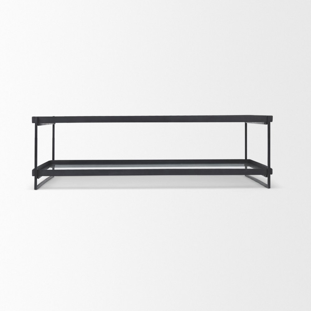 32" Clear and Black Mirrored Glass and Iron Sled Coffee Table With Two Shelves — view 4