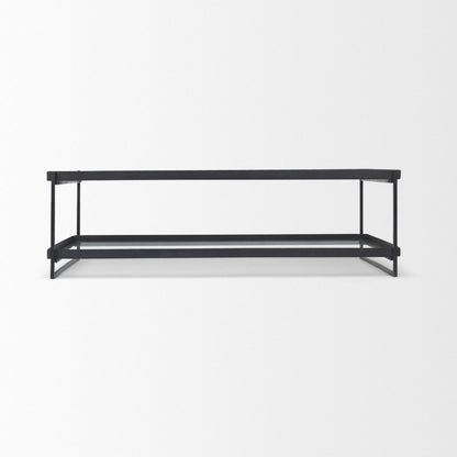 32" Clear and Black Mirrored Glass and Iron Sled Coffee Table With Two Shelves