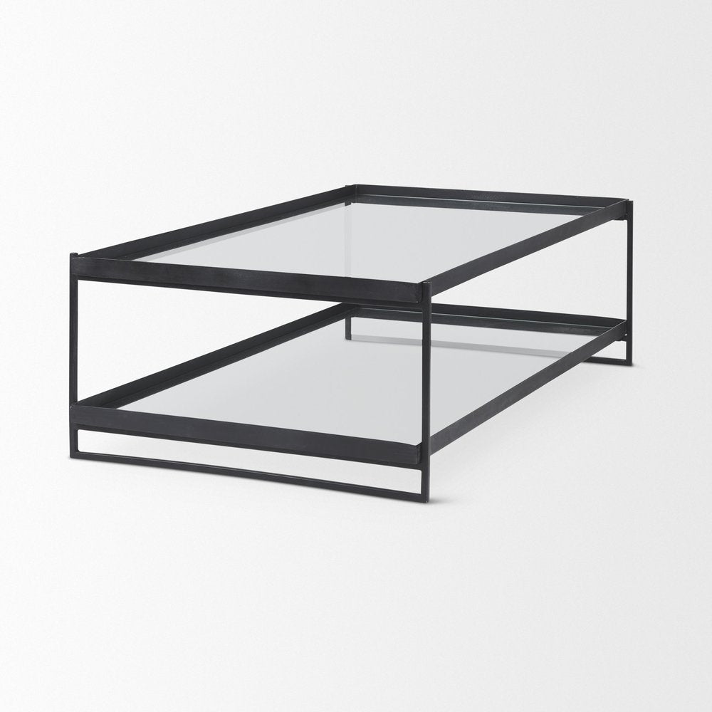 32" Clear and Black Mirrored Glass and Iron Sled Coffee Table With Two Shelves — view 5
