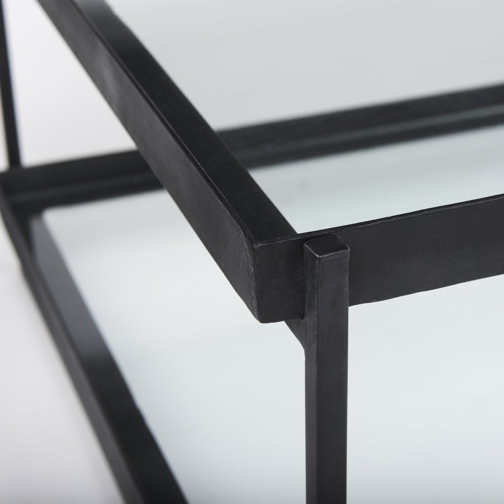 32" Clear and Black Mirrored Glass and Iron Sled Coffee Table With Two Shelves HomeRoots