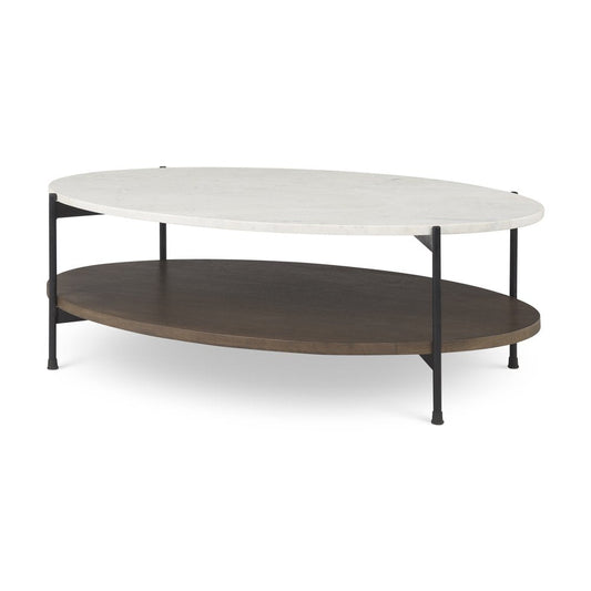 30" White Black and Brown Genuine Marble and Iron Oval Coffee Table