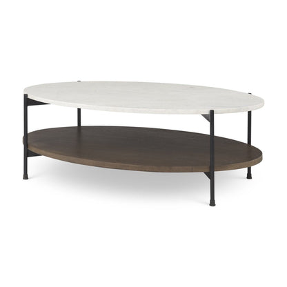 30" White Black and Brown Genuine Marble and Iron Oval Coffee Table HomeRoots