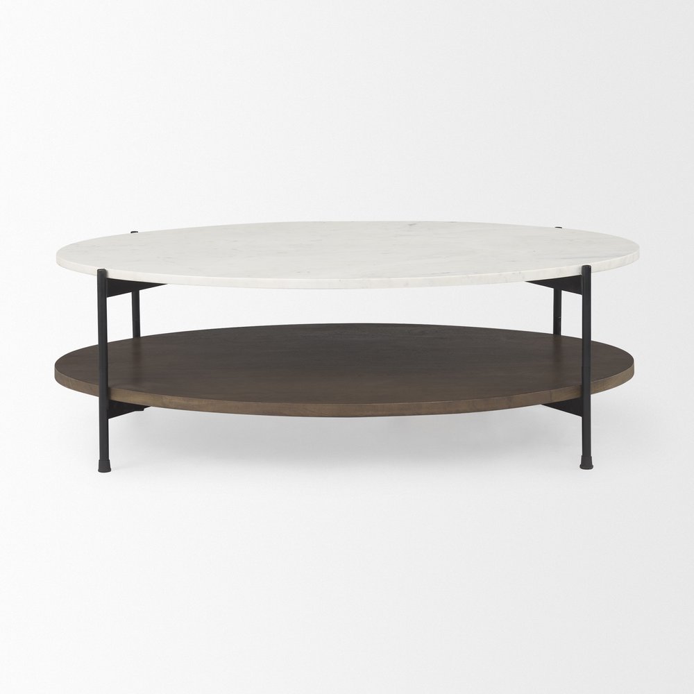 30" White Black and Brown Genuine Marble and Iron Oval Coffee Table HomeRoots